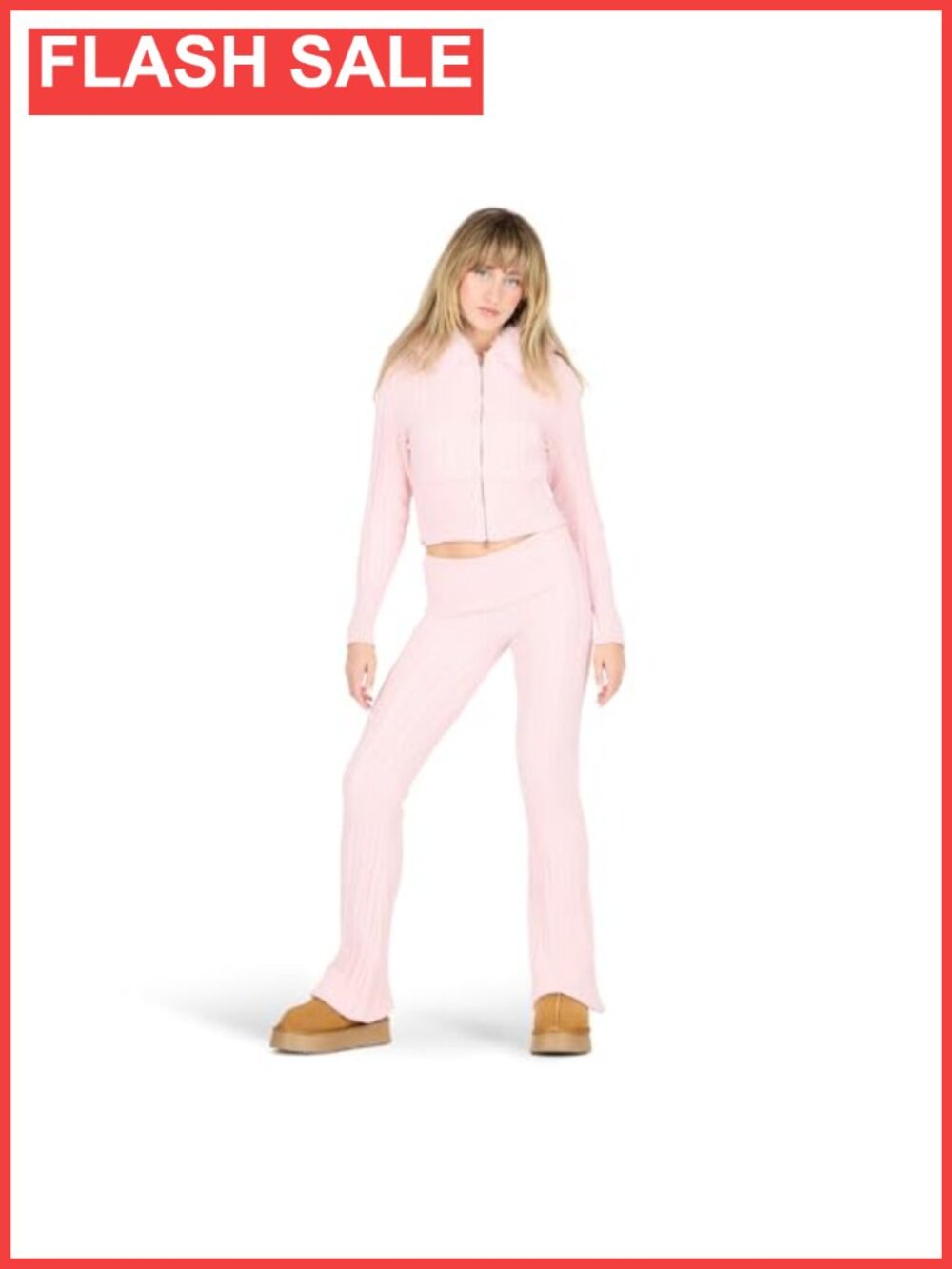 Cable Knit Zip Hoodie & Flare Pants Set Faux Fur Trim Lounge